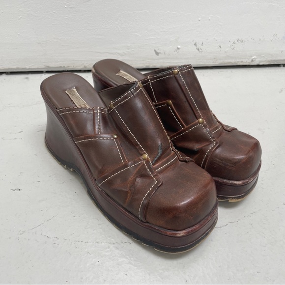 Vintage Soda Brown Chunky Leather Heel platform patchwork Womens US 9 Shoes Mule - Picture 1 of 14